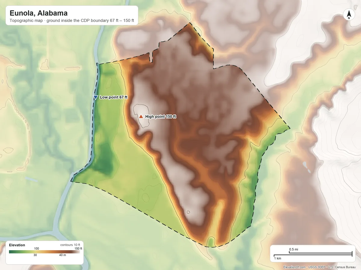 Topographic elevation map of Eunola, Alabama, shaded from 67 ft on the west side to 150 ft on the west side