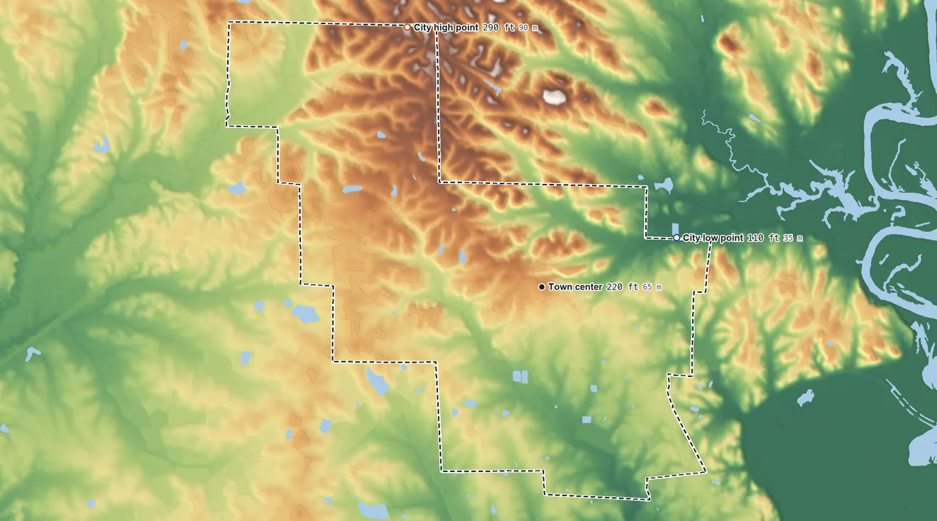 Topographic elevation map of Eutaw, Alabama, shaded from 110 ft on the east side to 290 ft on the northwest side