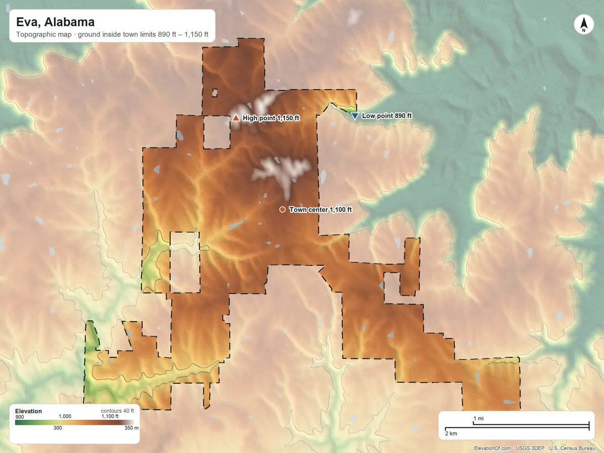 Topographic elevation map of Eva, Alabama, shaded from 890 ft on the northeast side to 1,150 ft on the northwest side