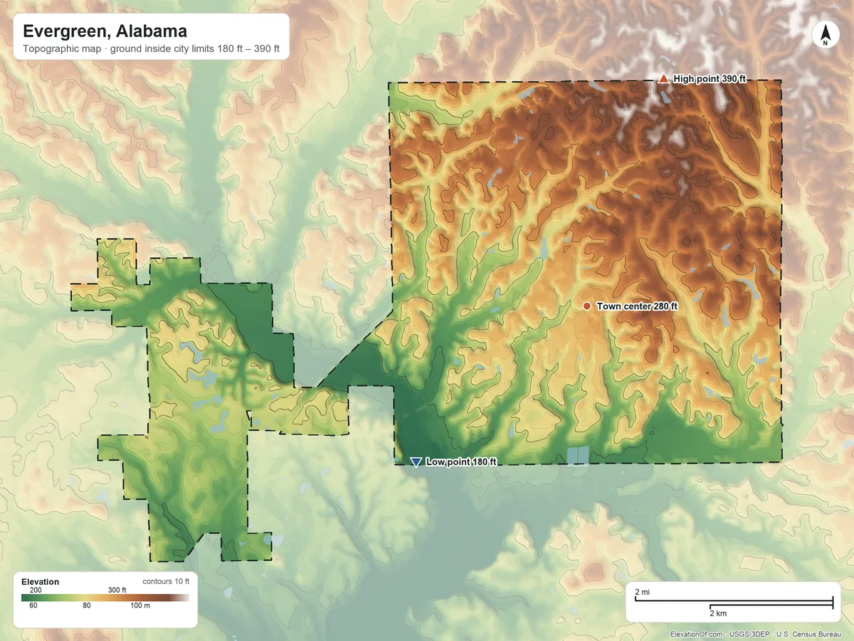Topographic elevation map of Evergreen, Alabama, shaded from 180 ft on the southwest side to 390 ft on the north side