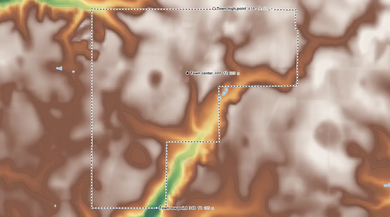 Topographic elevation map of Excel, Alabama, shaded from 340 ft on the south side to 410 ft on the north side