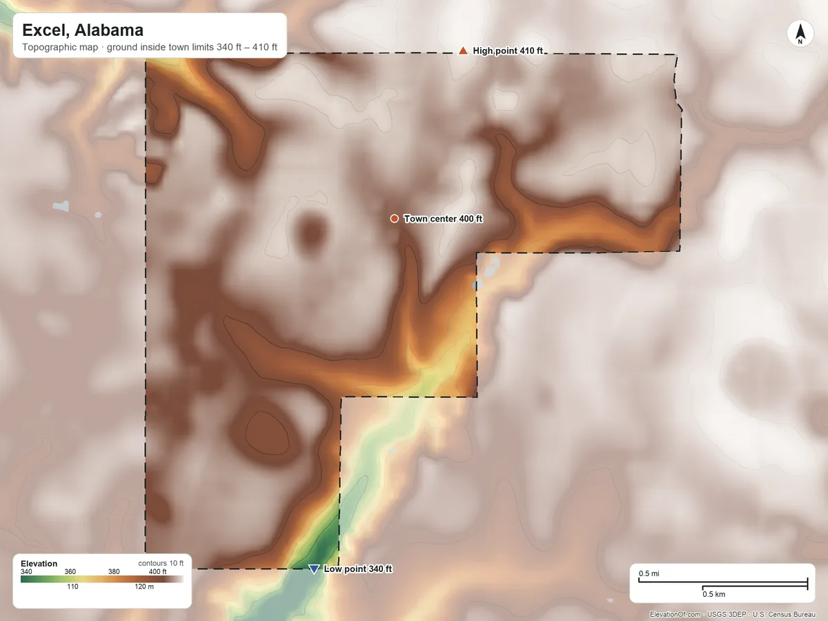 Topographic elevation map of Excel, Alabama, shaded from 340 ft on the south side to 410 ft on the north side