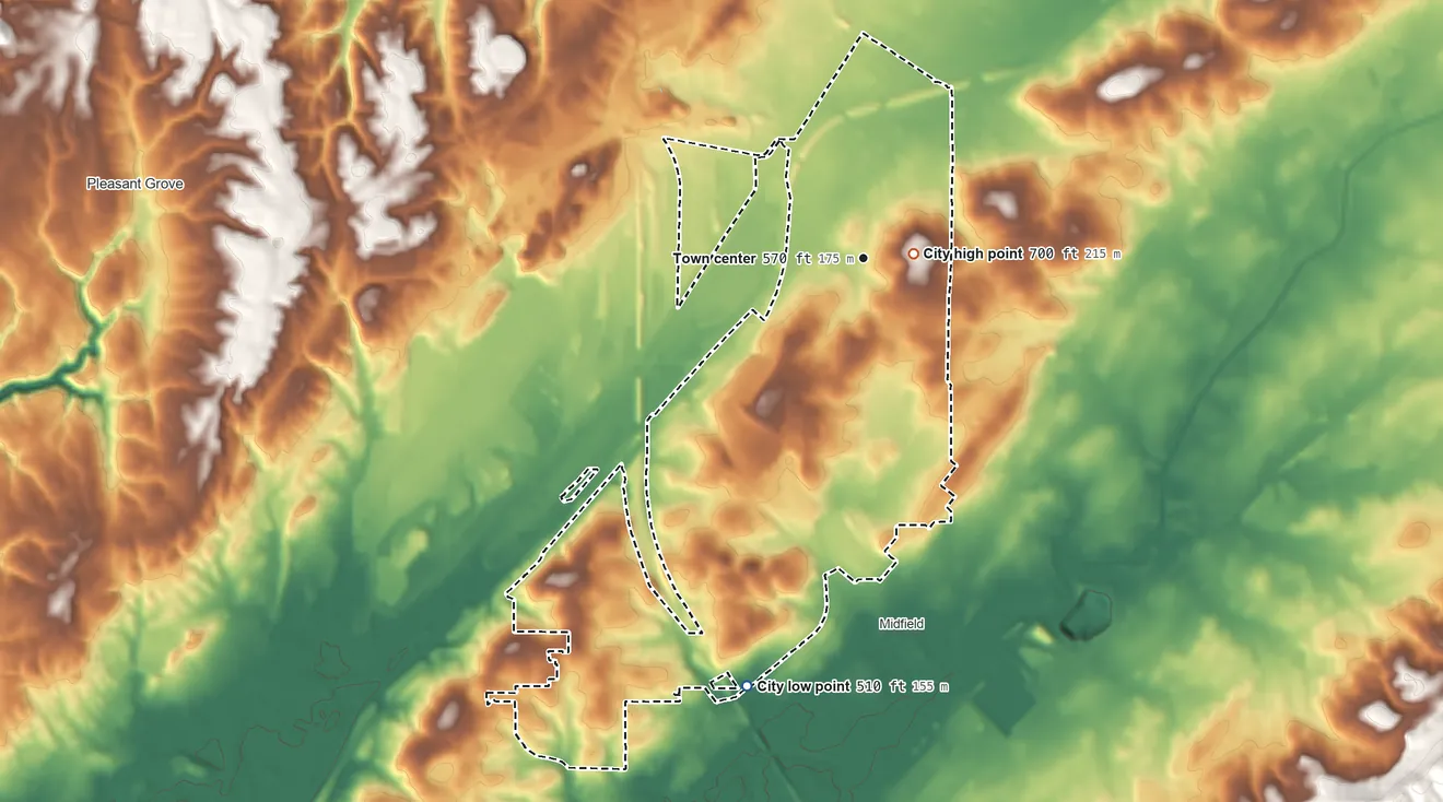 Topographic elevation map of Fairfield, Alabama, shaded from 510 ft on the south side to 700 ft near the middle
