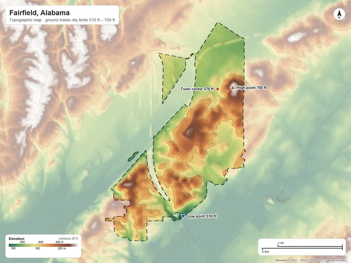 Topographic elevation map of Fairfield, Alabama, shaded from 510 ft on the south side to 700 ft near the middle