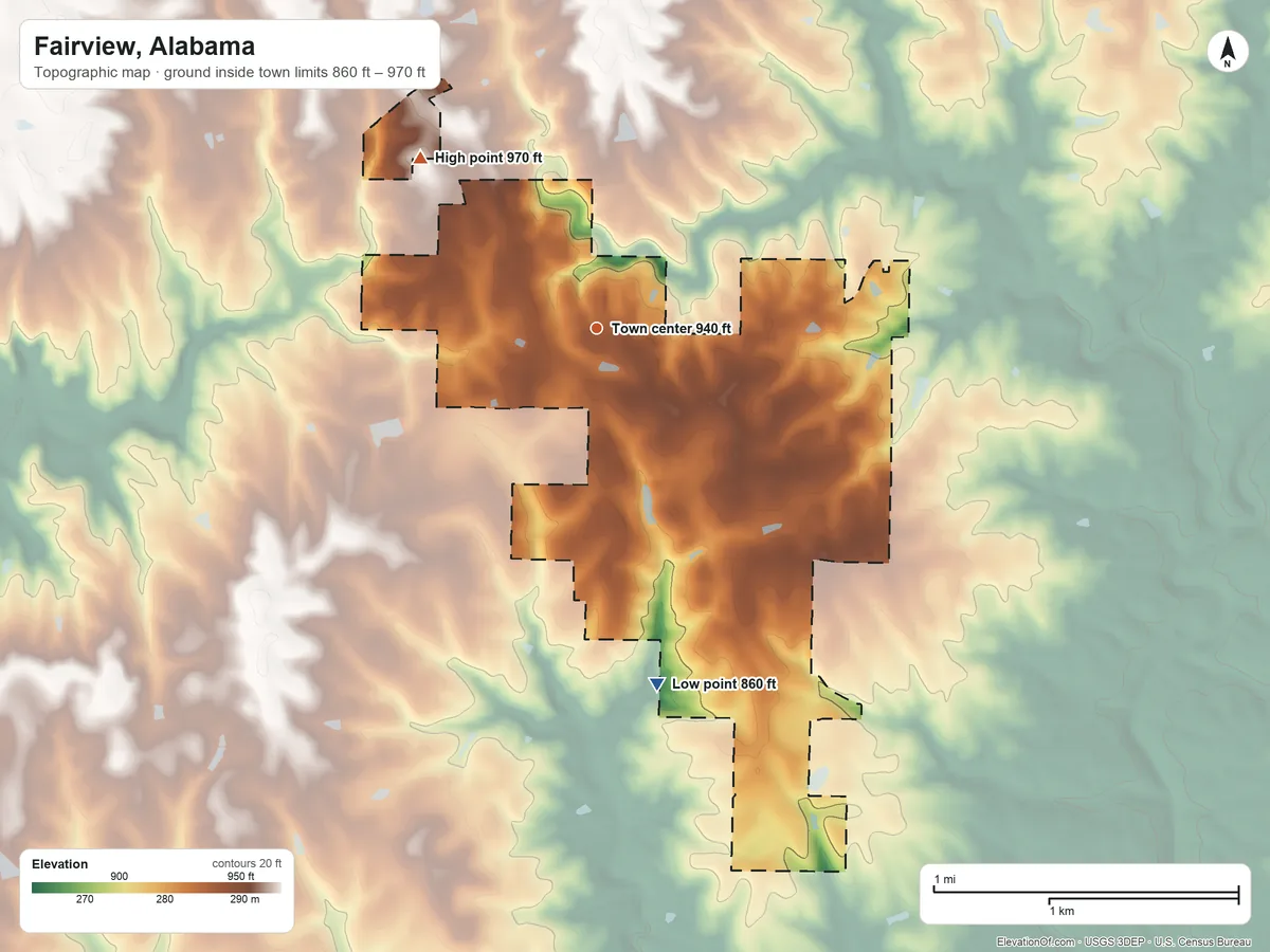 Topographic elevation map of Fairview, Alabama, shaded from 860 ft on the south side to 970 ft on the northwest side