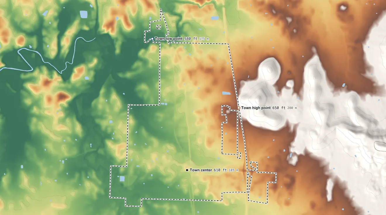 Topographic elevation map of Falkville, Alabama, shaded from 580 ft on the north side to 650 ft on the northeast side