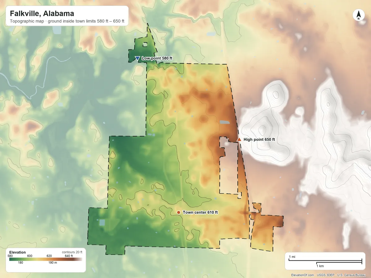 Topographic elevation map of Falkville, Alabama, shaded from 580 ft on the north side to 650 ft on the northeast side