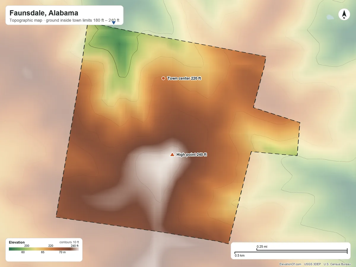 Topographic elevation map of Faunsdale, Alabama, shaded from 180 ft on the northwest side to 240 ft on the south side