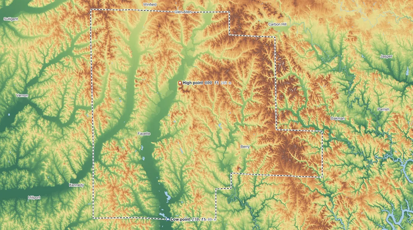 Topographic elevation map of Fayette County, Alabama, shaded from 270 ft on the south side to 800 ft on Ford Mountain