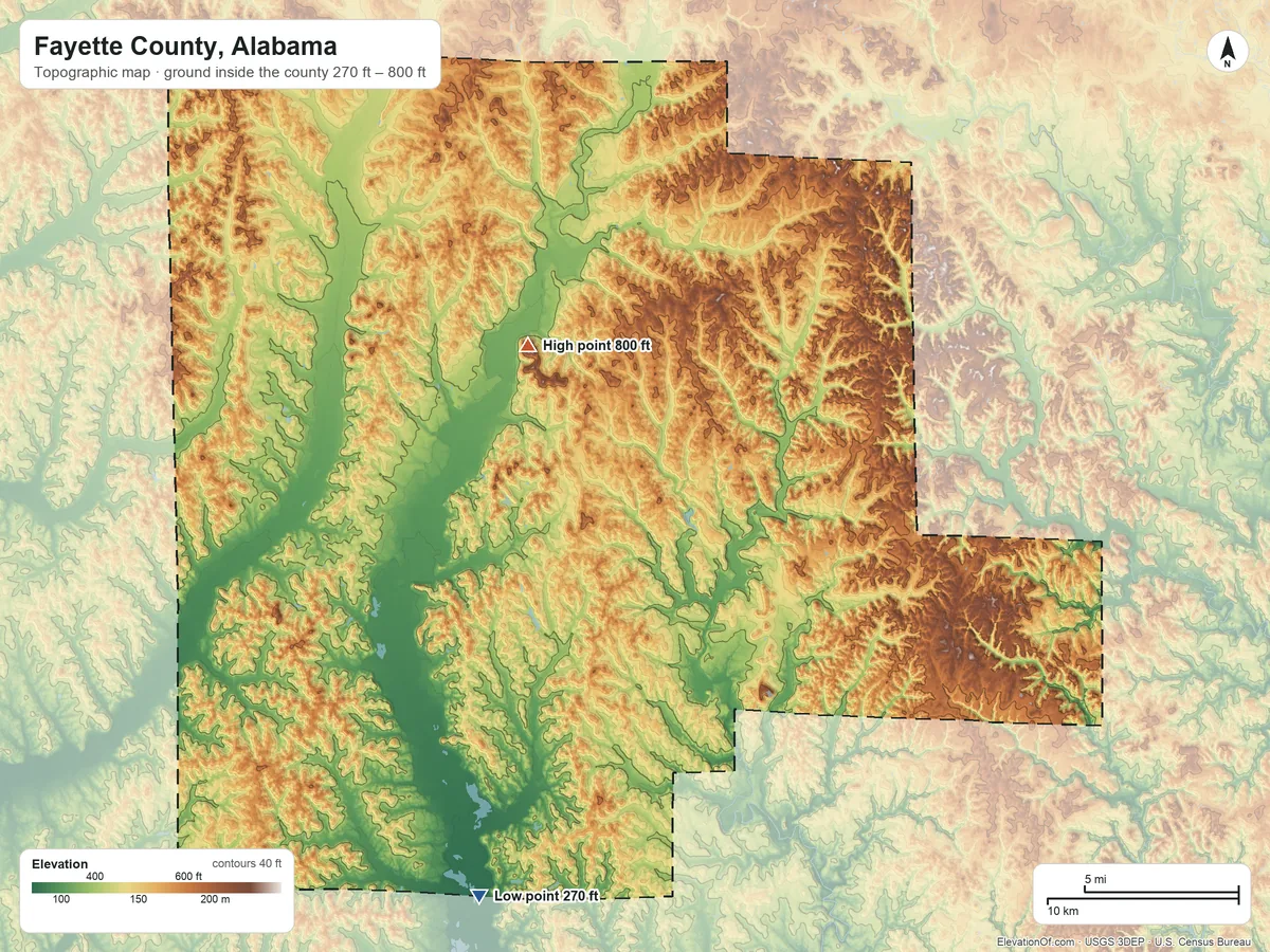Topographic elevation map of Fayette County, Alabama, shaded from 270 ft on the south side to 800 ft on Ford Mountain