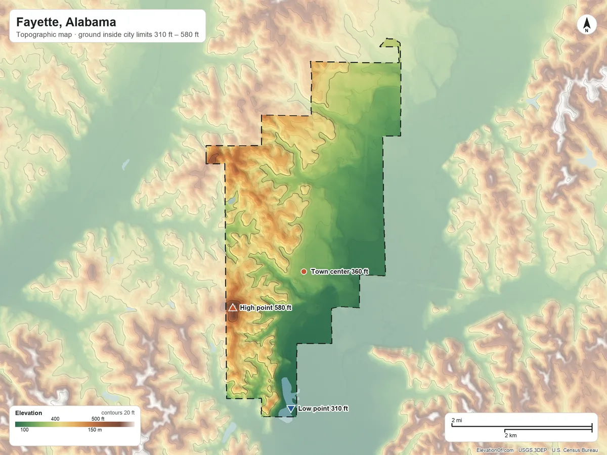 Topographic elevation map of Fayette, Alabama, shaded from 310 ft on the south side to 580 ft on the southwest side