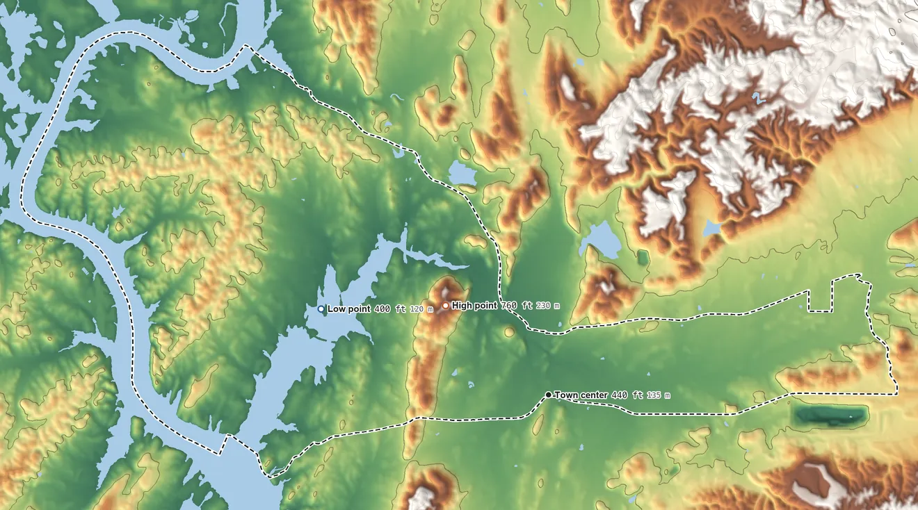 Topographic elevation map of Fayetteville, Alabama, shaded from 400 ft on the west side to 760 ft on the northwest side