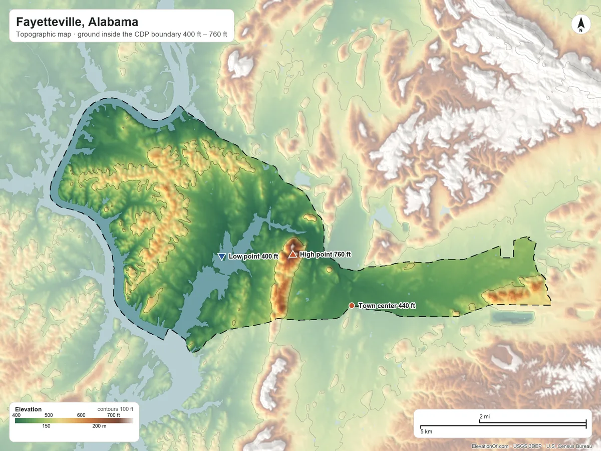 Topographic elevation map of Fayetteville, Alabama, shaded from 400 ft on the west side to 760 ft on the northwest side