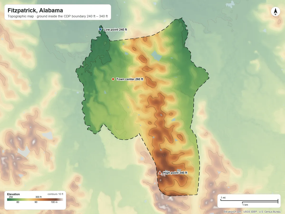 Topographic elevation map of Fitzpatrick, Alabama, shaded from 240 ft on the north side to 340 ft on the southeast side