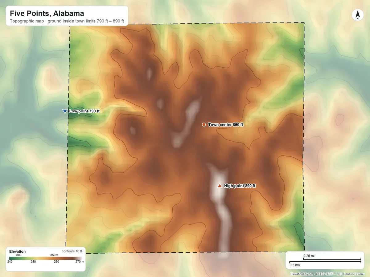 Topographic elevation map of Five Points, Alabama, shaded from 790 ft on the west side to 890 ft on the south side