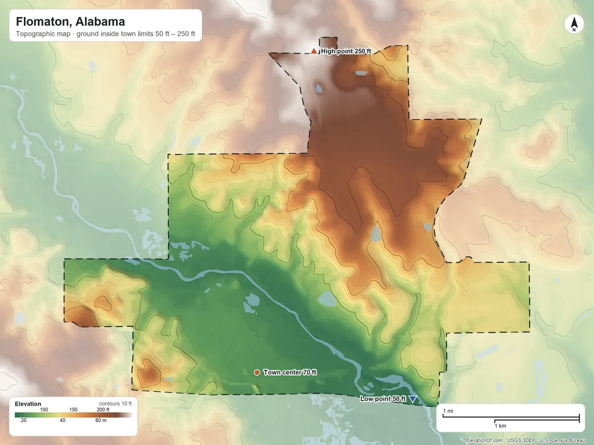 Topographic elevation map of Flomaton, Alabama, shaded from 50 ft on the east side to 250 ft on the north side
