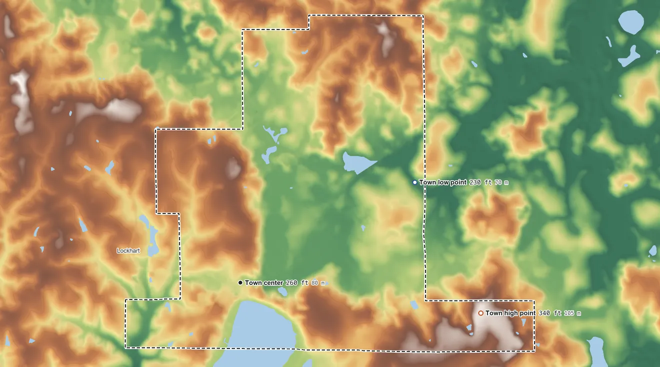 Topographic elevation map of Florala, Alabama, shaded from 230 ft on the northeast side to 340 ft on the east side