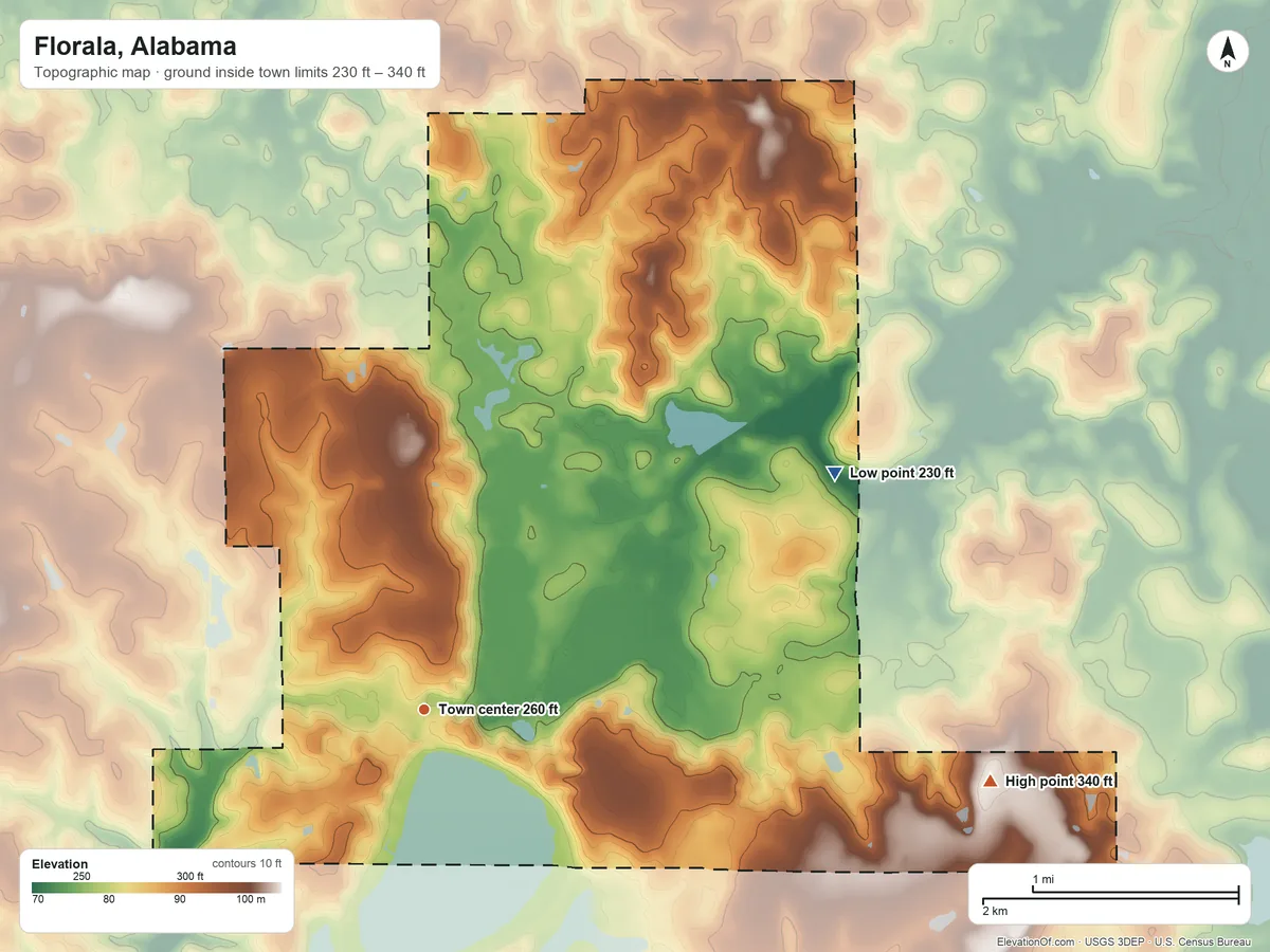 Topographic elevation map of Florala, Alabama, shaded from 230 ft on the northeast side to 340 ft on the east side