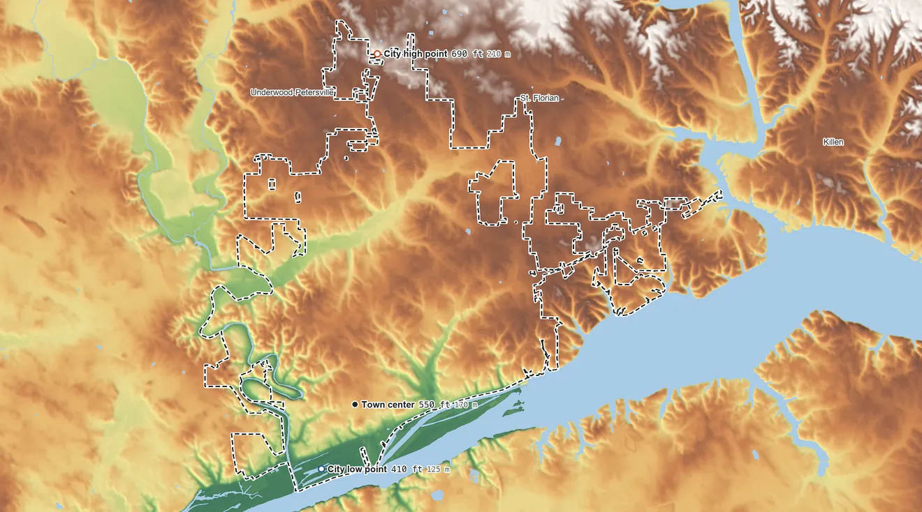 Topographic elevation map of Florence, Alabama, shaded from 410 ft on the southwest side to 690 ft on the north side
