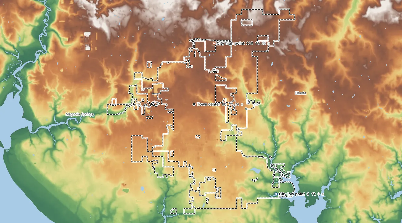 Topographic elevation map of Foley, Alabama, shaded from sea level level on Wolf Bay to 110 ft on the north side