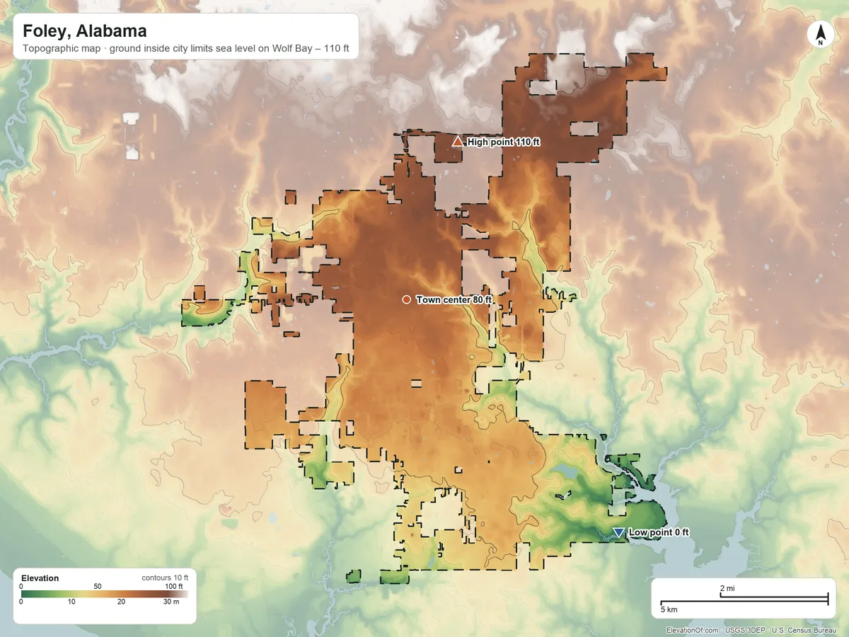 Topographic elevation map of Foley, Alabama, shaded from sea level level on Wolf Bay to 110 ft on the north side