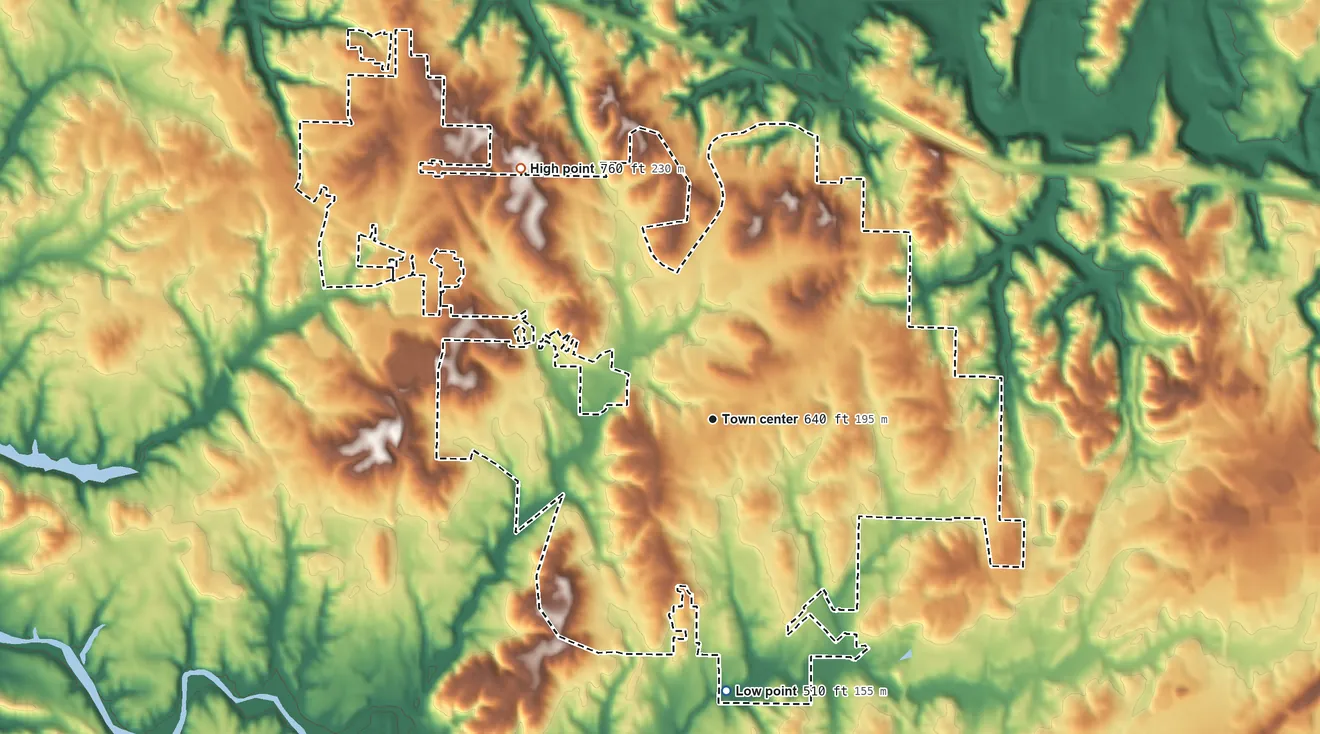 Topographic elevation map of Forestdale, Alabama, shaded from 510 ft on the south side to 760 ft on the northwest side