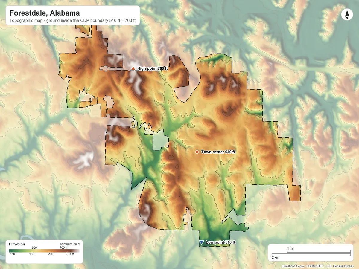Topographic elevation map of Forestdale, Alabama, shaded from 510 ft on the south side to 760 ft on the northwest side