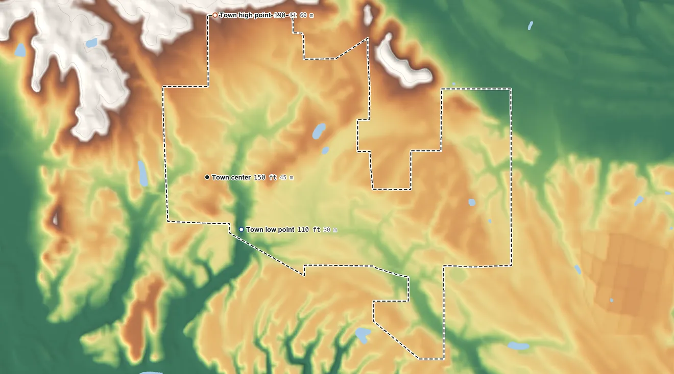 Topographic elevation map of Forkland, Alabama, shaded from 110 ft on the southeast side to 190 ft on the north side