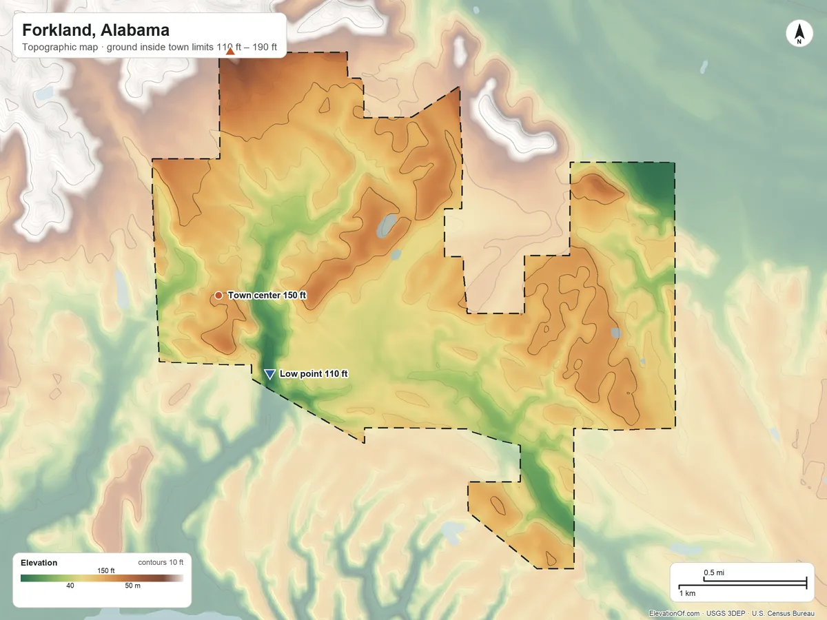 Topographic elevation map of Forkland, Alabama, shaded from 110 ft on the southeast side to 190 ft on the north side