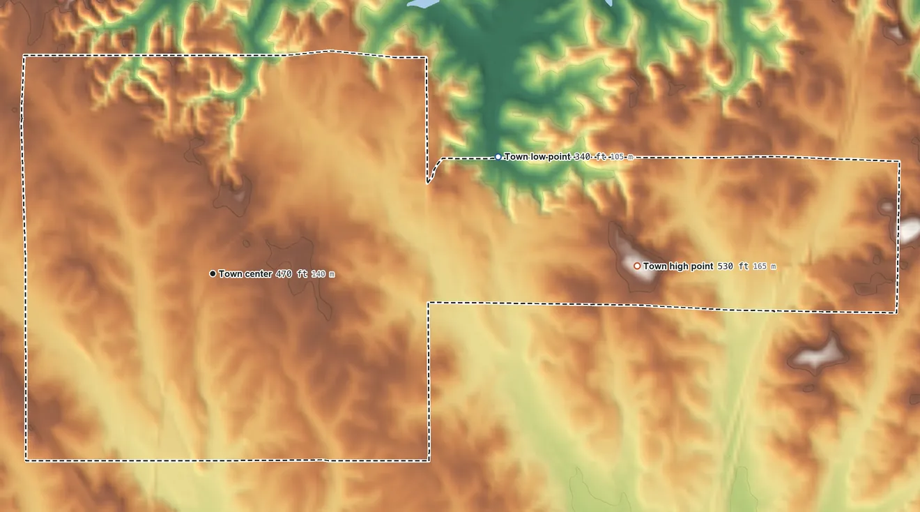Topographic elevation map of Fort Deposit, Alabama, shaded from 340 ft on the east side to 530 ft on the east side