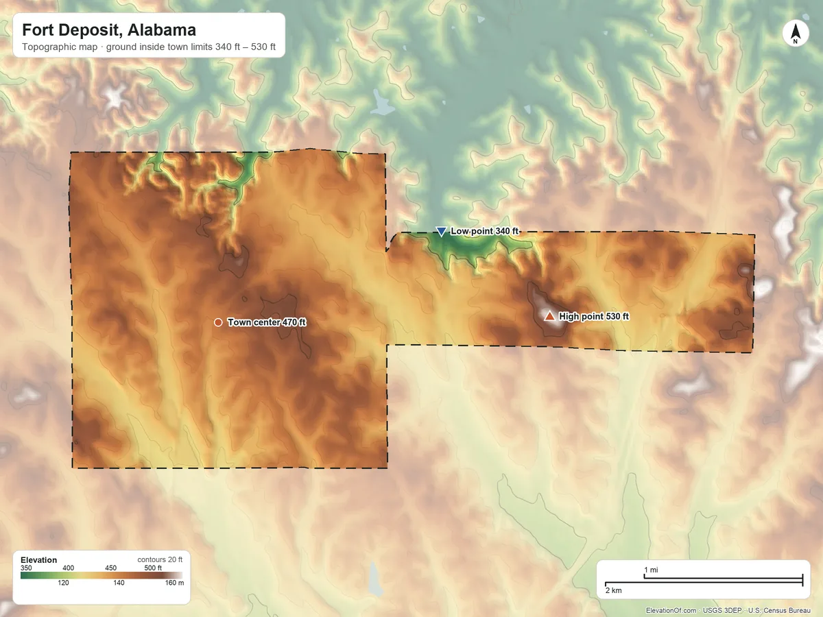 Topographic elevation map of Fort Deposit, Alabama, shaded from 340 ft on the east side to 530 ft on the east side