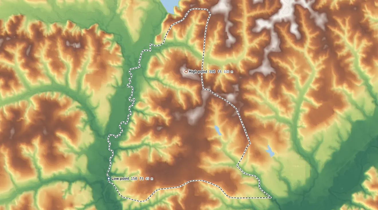 Topographic elevation map of Fort Novosel, Alabama, shaded from 150 ft on the southwest side to 390 ft on the north side
