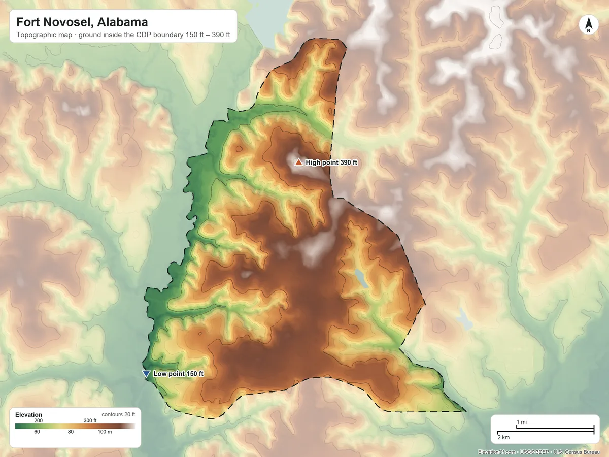 Topographic elevation map of Fort Novosel, Alabama, shaded from 150 ft on the southwest side to 390 ft on the north side