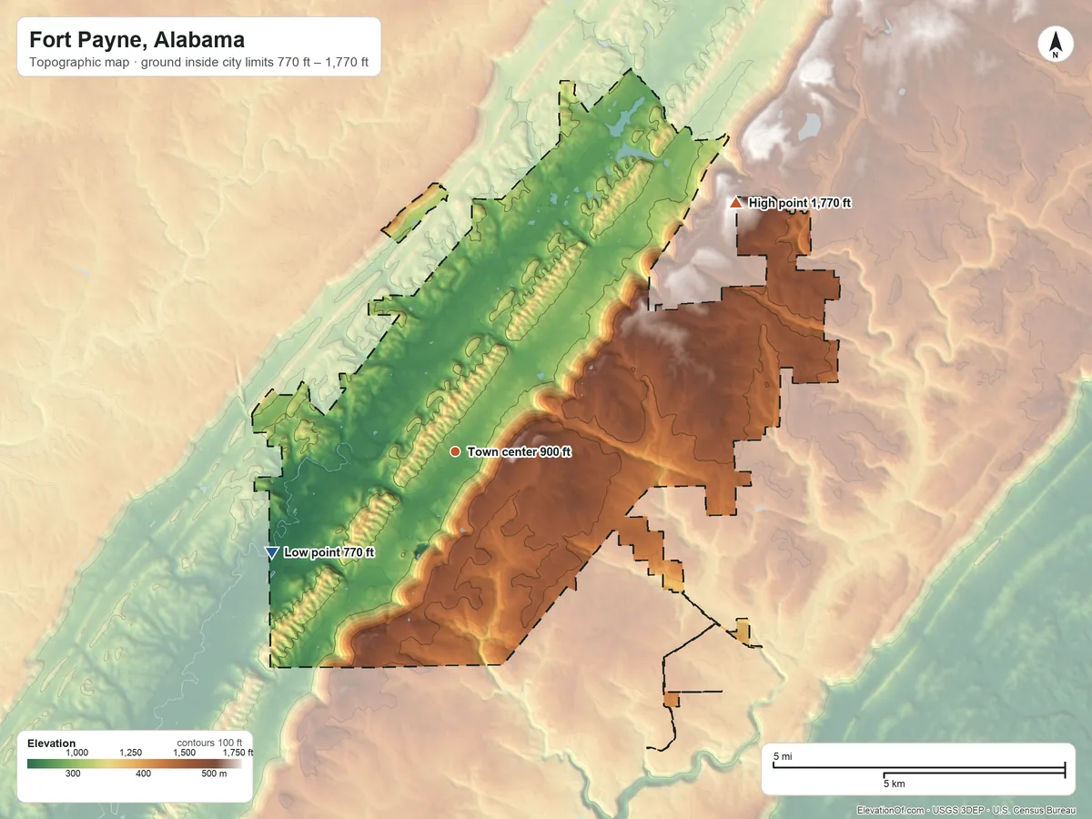 Topographic elevation map of Fort Payne, Alabama, shaded from 770 ft on the southwest side to 1,770 ft on the northeast side