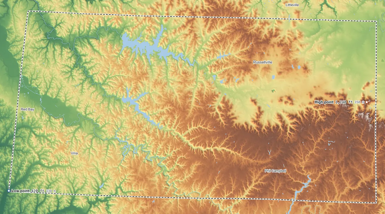 Topographic elevation map of Franklin County, Alabama, shaded from 420 ft on the southwest side to 1,140 ft on the east side