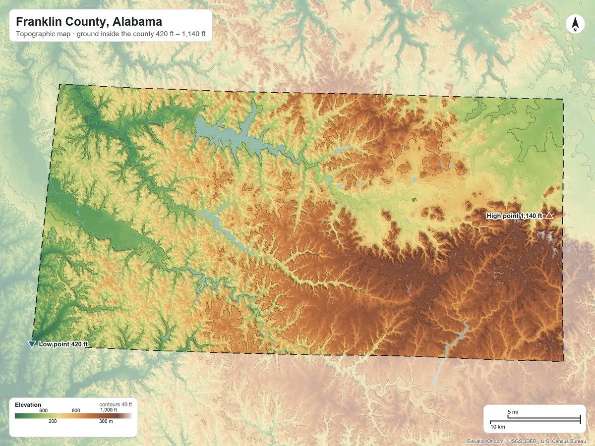 Topographic elevation map of Franklin County, Alabama, shaded from 420 ft on the southwest side to 1,140 ft on the east side