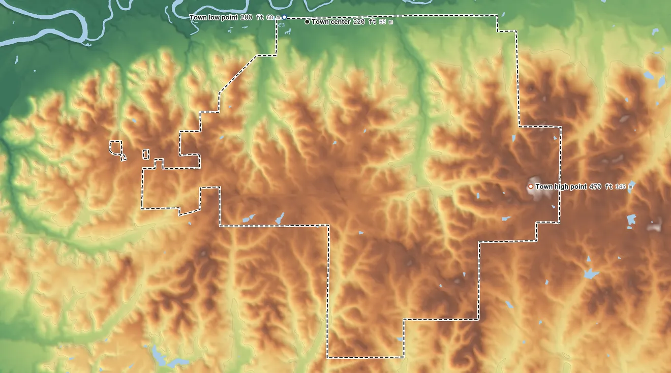 Topographic elevation map of Franklin, Alabama, shaded from 200 ft near the middle to 470 ft on the southeast side