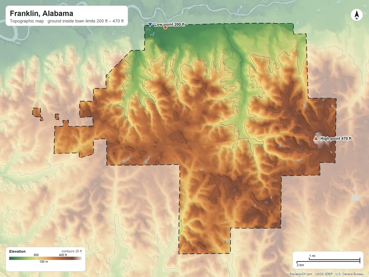 Topographic elevation map of Franklin, Alabama, shaded from 200 ft near the middle to 470 ft on the southeast side