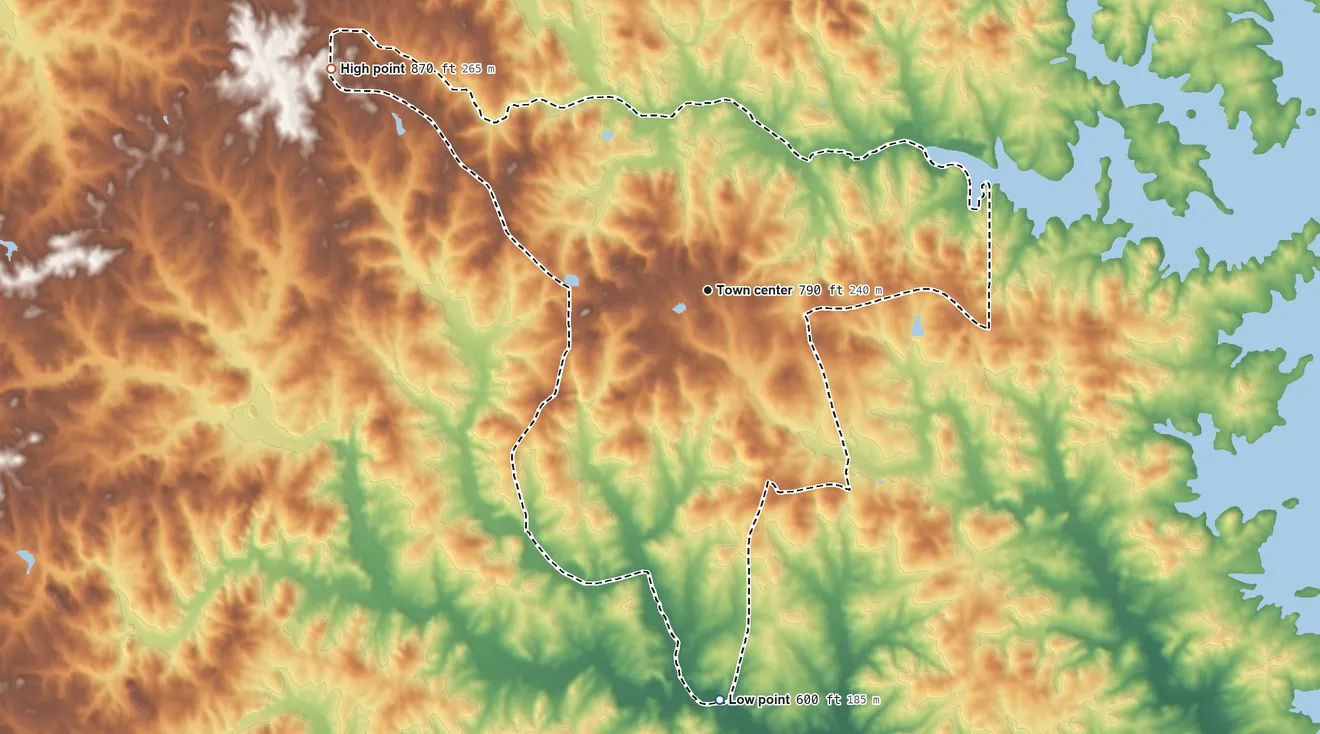 Topographic elevation map of Fredonia, Alabama, shaded from 600 ft on the south side to 870 ft on the northwest side