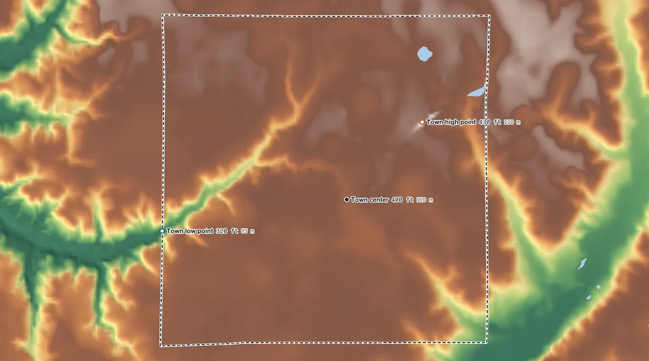 Topographic elevation map of Frisco City, Alabama, shaded from 320 ft on the west side to 430 ft on the northeast side