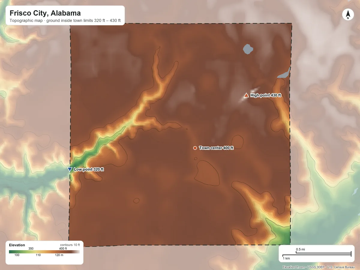 Topographic elevation map of Frisco City, Alabama, shaded from 320 ft on the west side to 430 ft on the northeast side