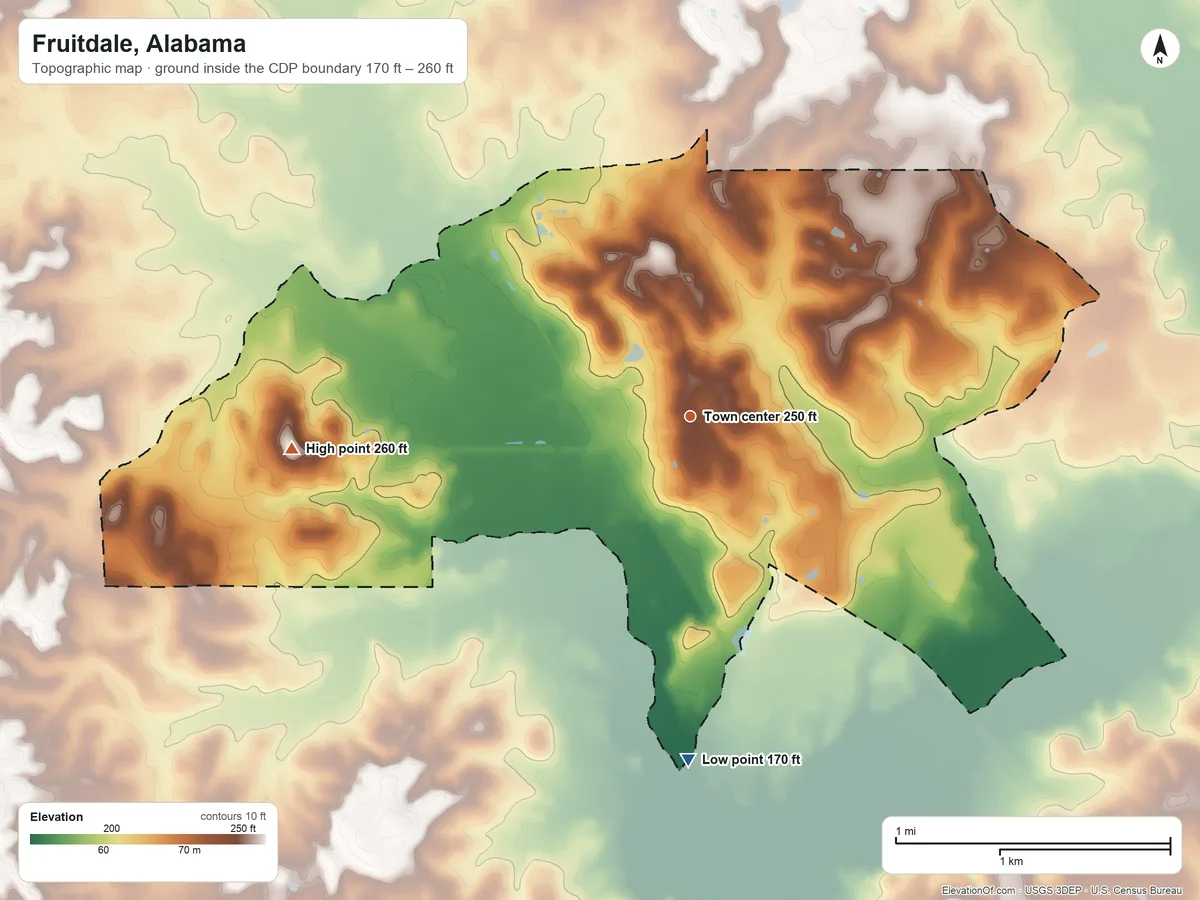 Topographic elevation map of Fruitdale, Alabama, shaded from 170 ft on the south side to 260 ft on the west side