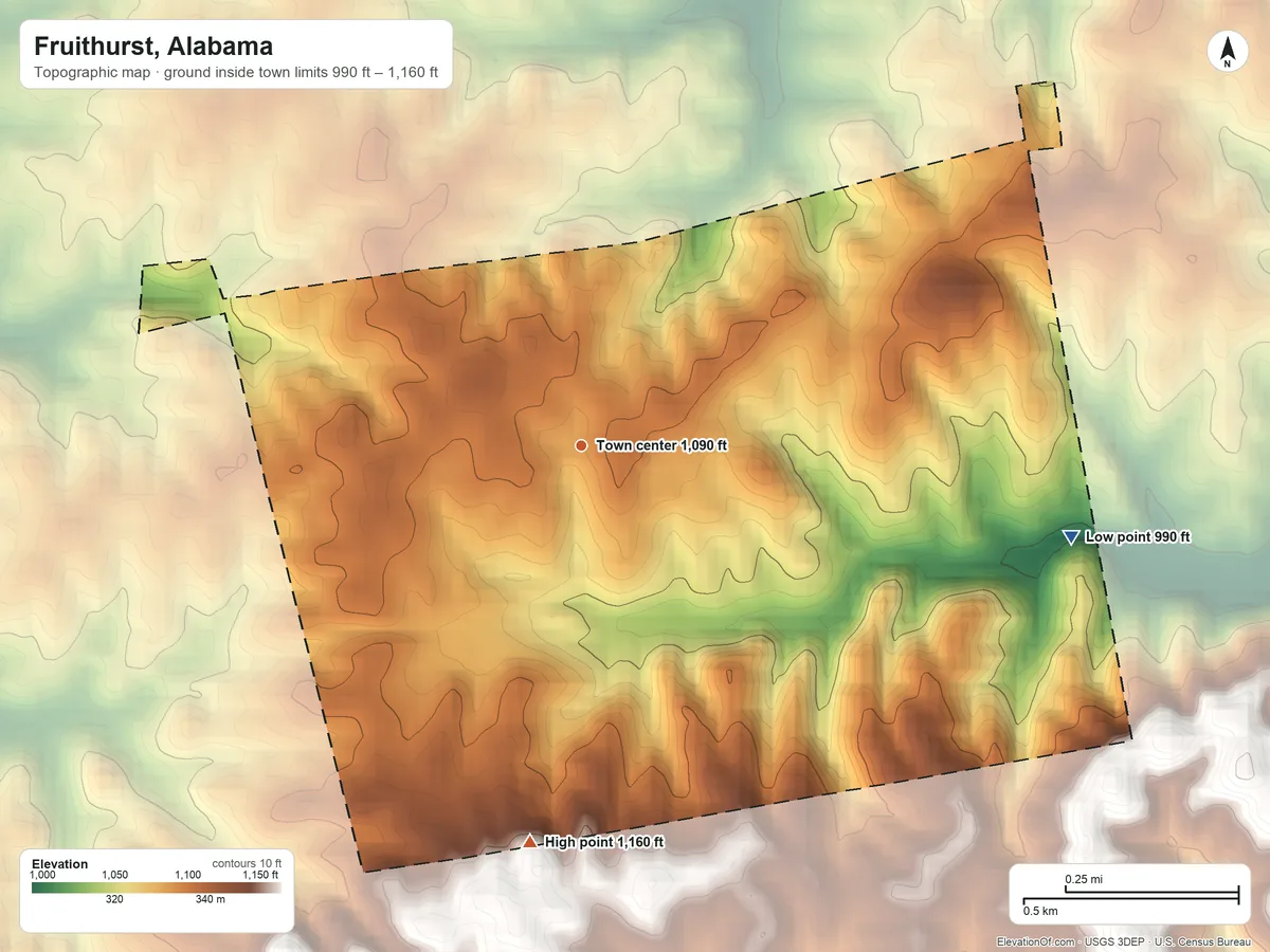 Topographic elevation map of Fruithurst, Alabama, shaded from 990 ft on the east side to 1,160 ft on the south side