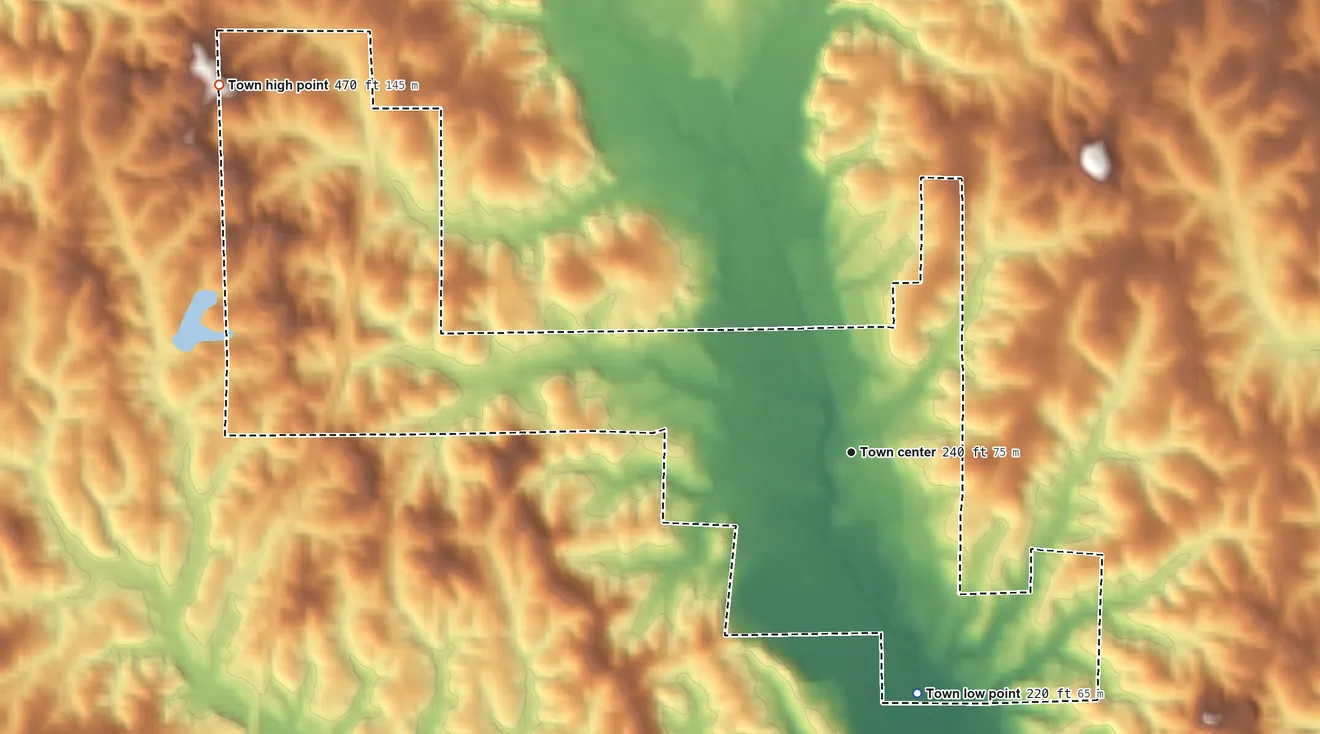 Topographic elevation map of Fulton, Alabama, shaded from 220 ft on the south side to 470 ft on the northwest side