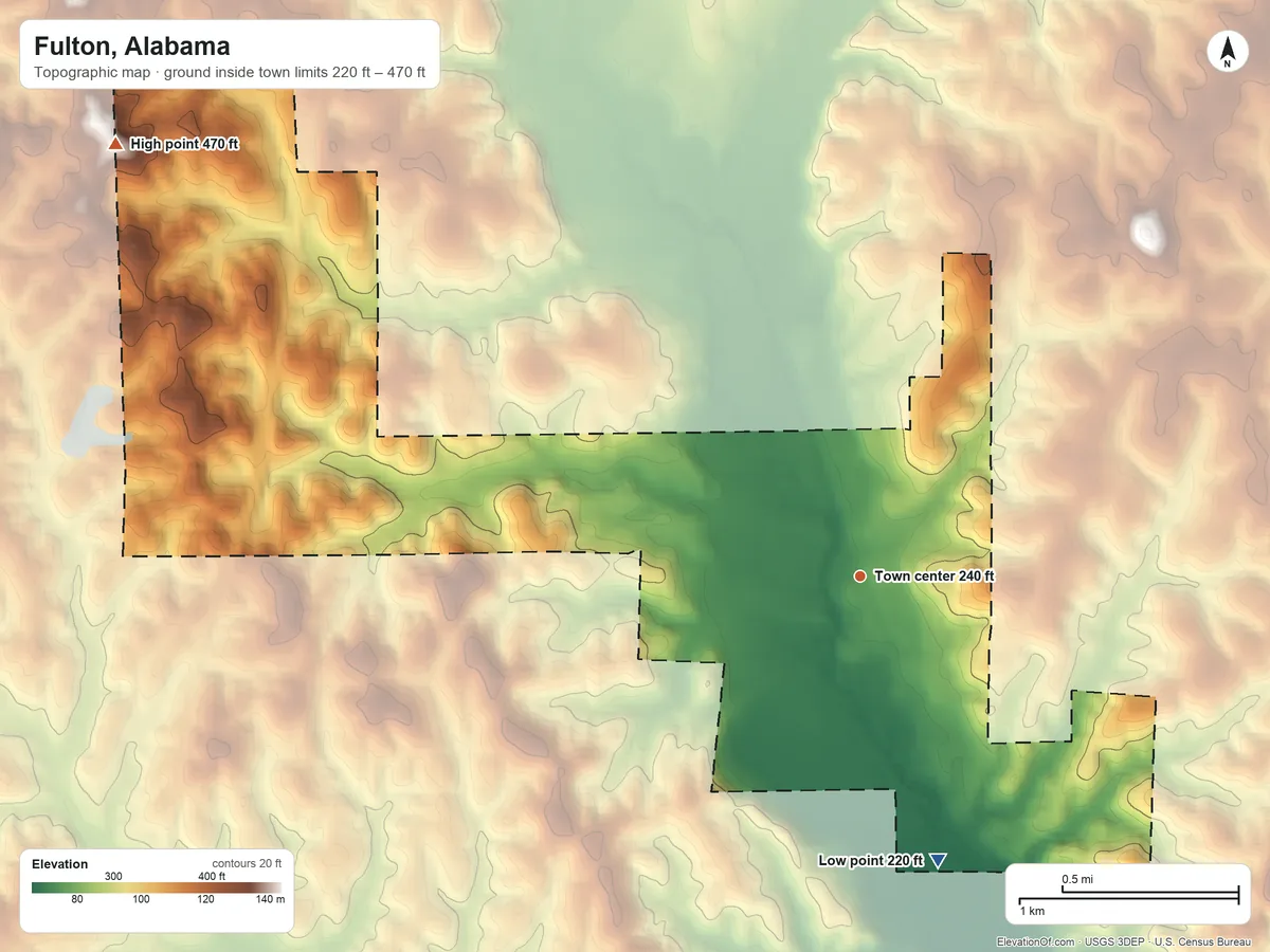 Topographic elevation map of Fulton, Alabama, shaded from 220 ft on the south side to 470 ft on the northwest side