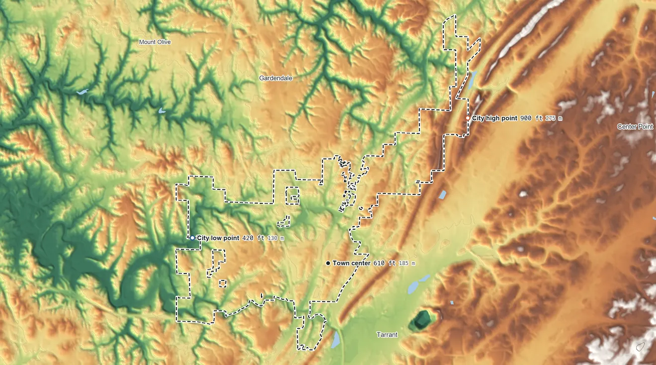 Topographic elevation map of Fultondale, Alabama, shaded from 420 ft on the west side to 900 ft on the northeast side