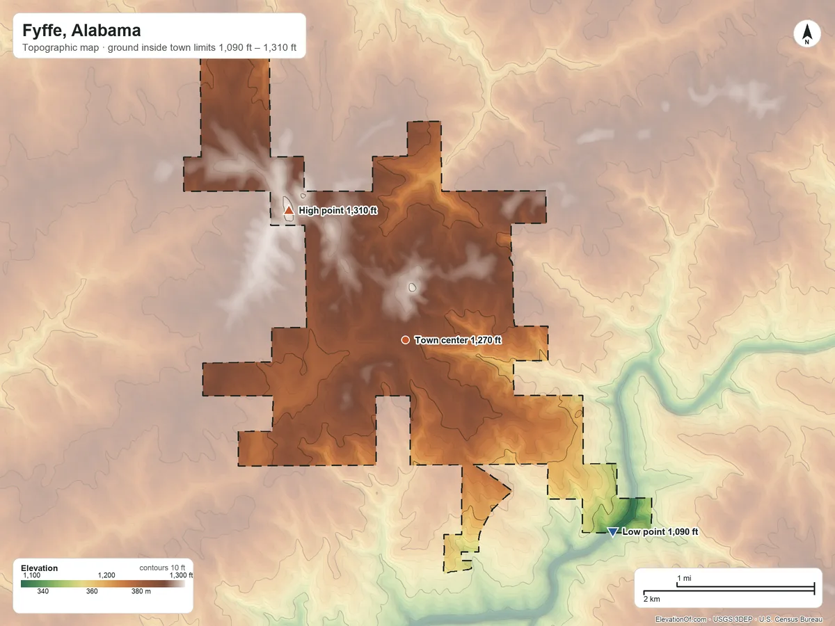 Topographic elevation map of Fyffe, Alabama, shaded from 1,090 ft on the southeast side to 1,310 ft on the northwest side