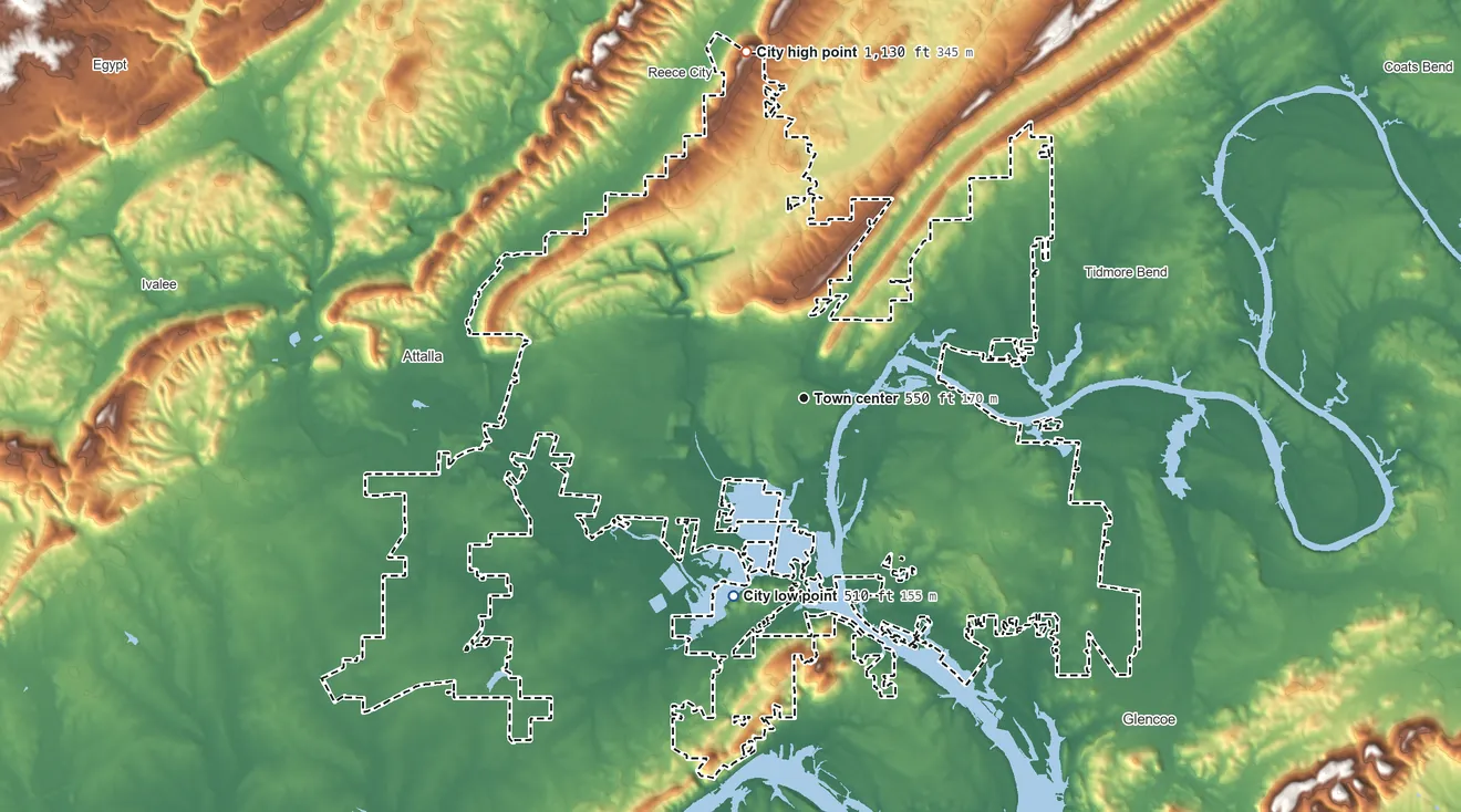 Topographic elevation map of Gadsden, Alabama, shaded from 510 ft on the south side to 1,130 ft on the north side