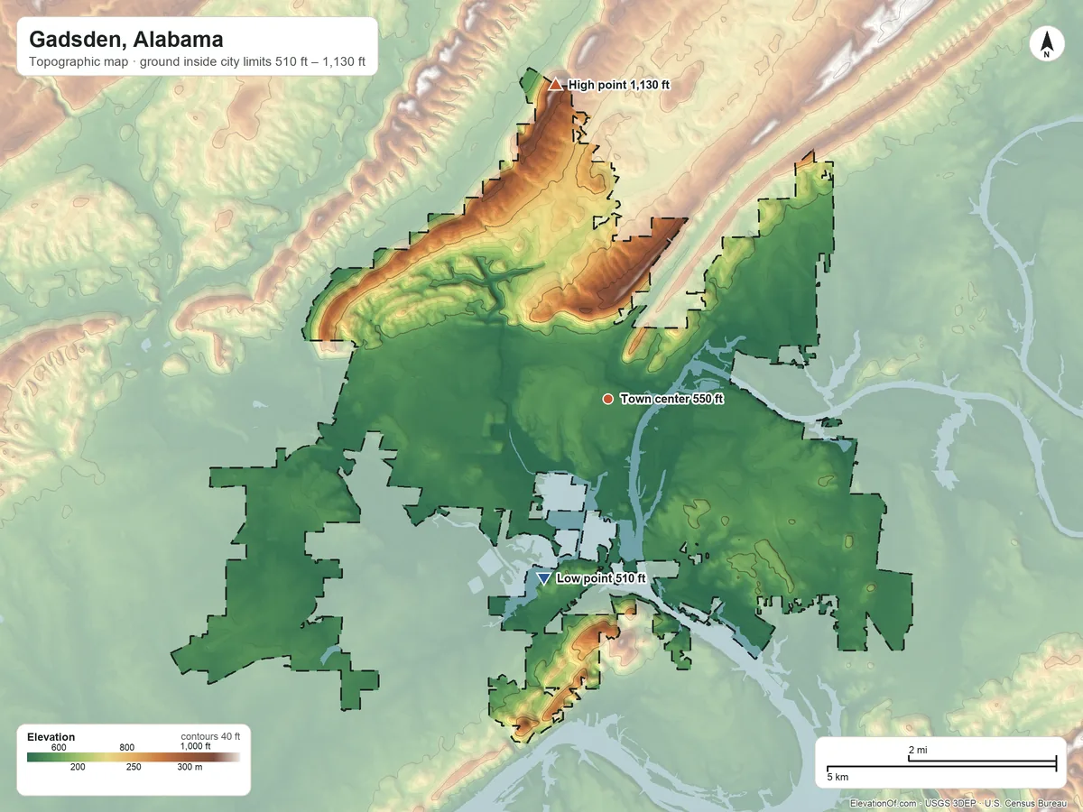 Topographic elevation map of Gadsden, Alabama, shaded from 510 ft on the south side to 1,130 ft on the north side