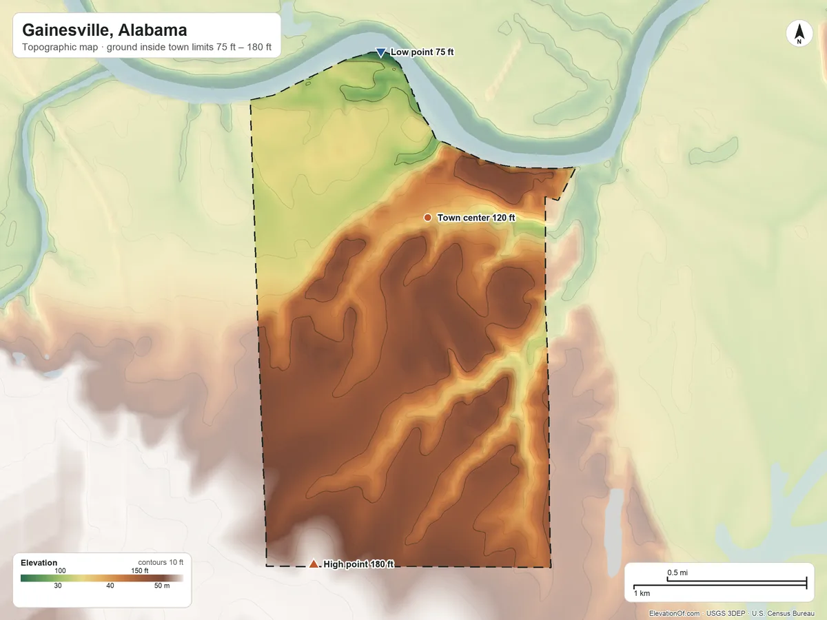 Topographic elevation map of Gainesville, Alabama, shaded from 75 ft on the north side to 180 ft on the south side
